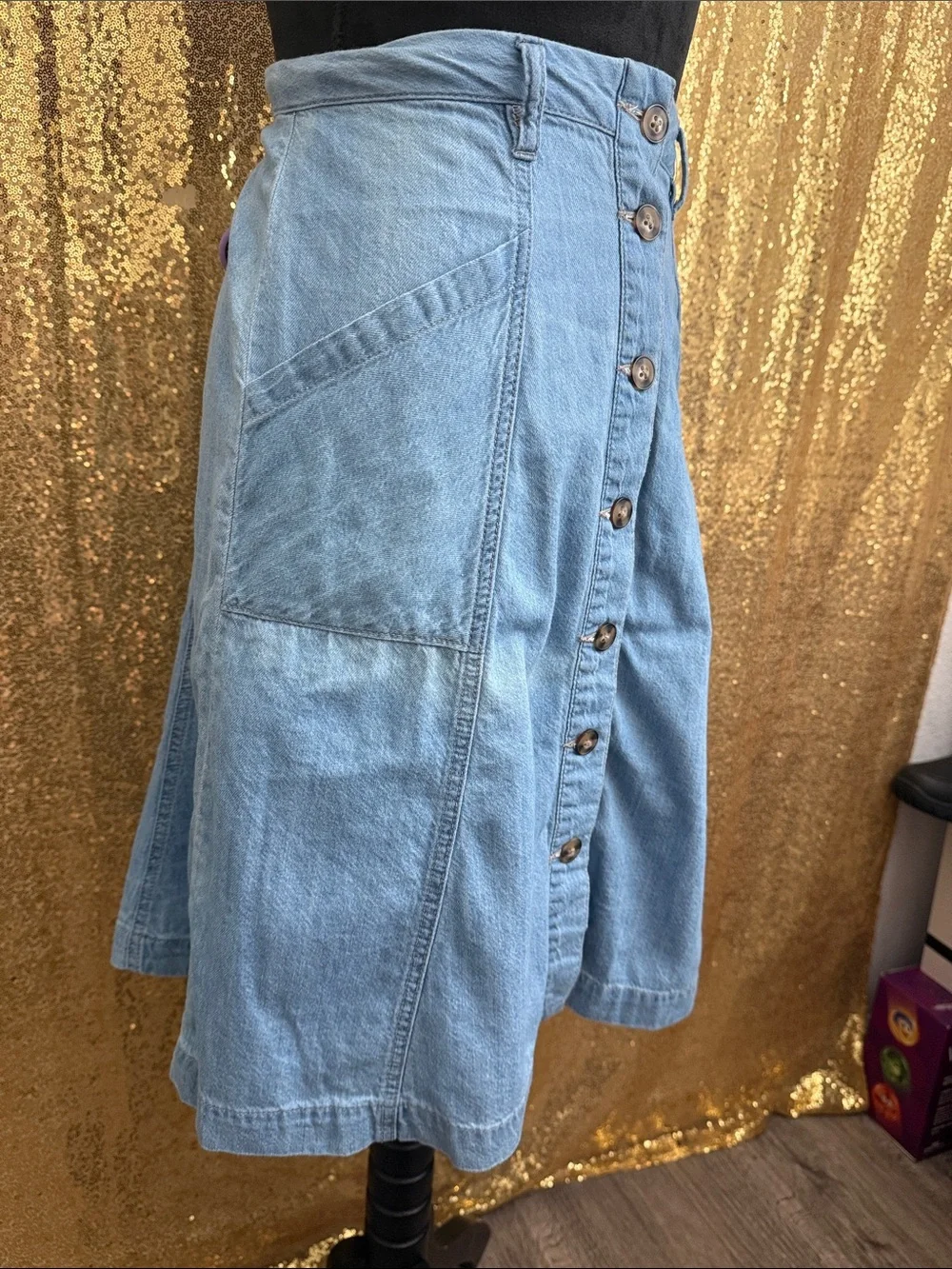 Light Blue Denim A-Line Button-Front Skirt